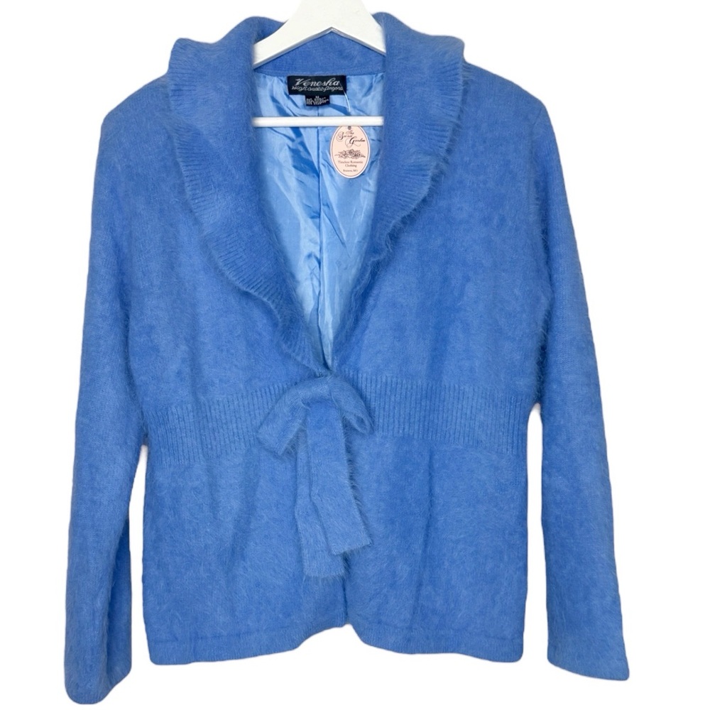 Vintage VENESHA Angora Blend Blue Ruffle Tie Cardigan Bow Front Size‎ M